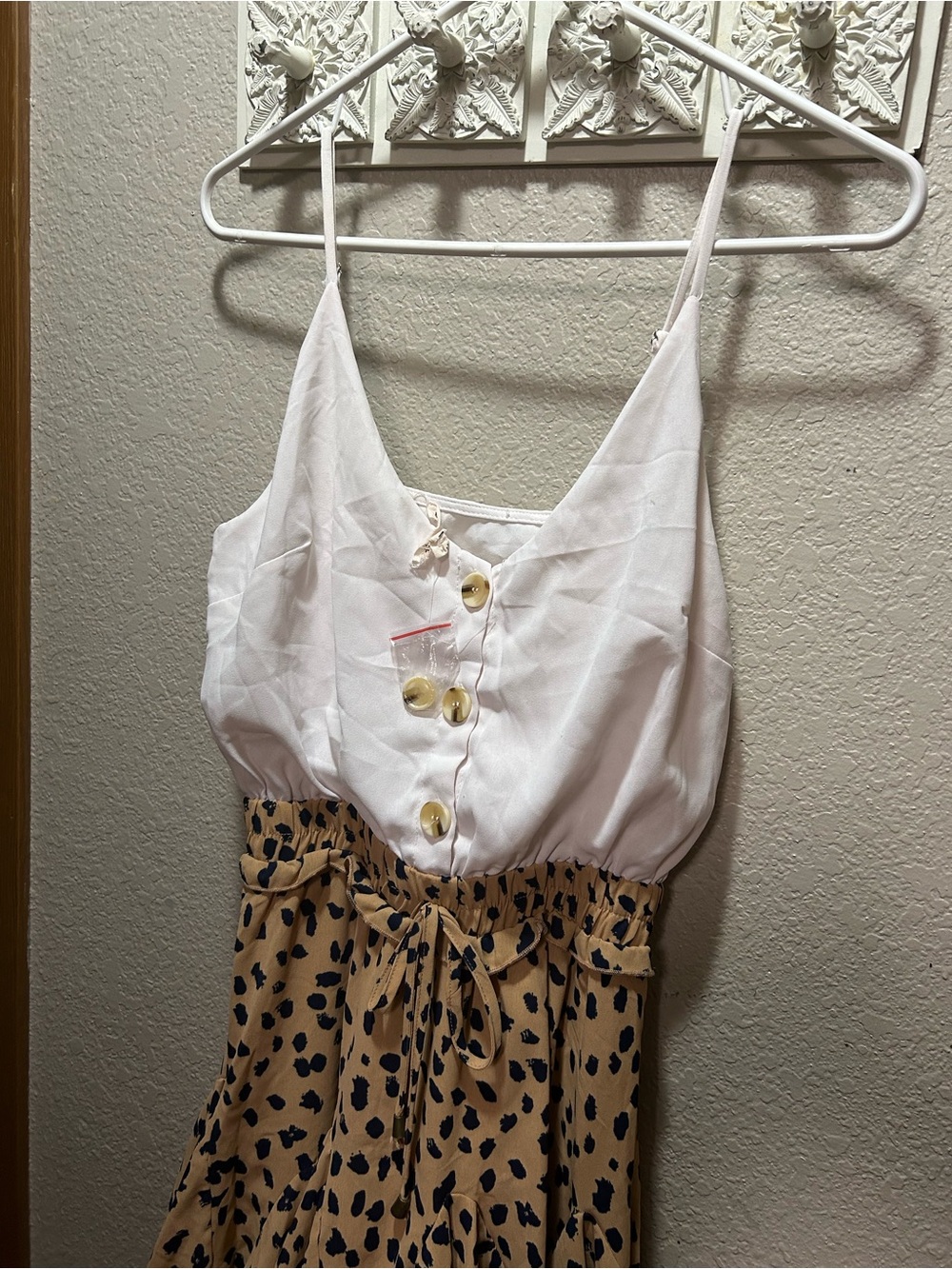 Main Strip White Top with Tan and Black Spotted Skirt Midi Dress - Picture 4 of 9
